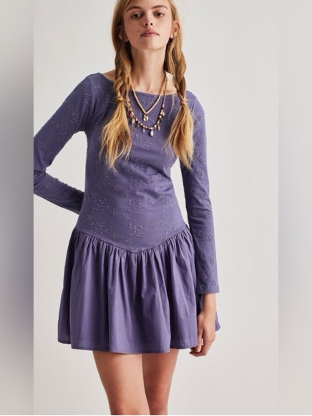 Free People Lavender Long Sleeve Drop-Waist Mini Dress